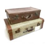 A vintage leather suitcase, the top monogrammed H.M; together with one other canvas and leather