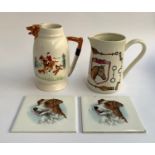 A pair of hunting related ceramic jugs; together with two T&R Boote ceramic tiles of terriers,