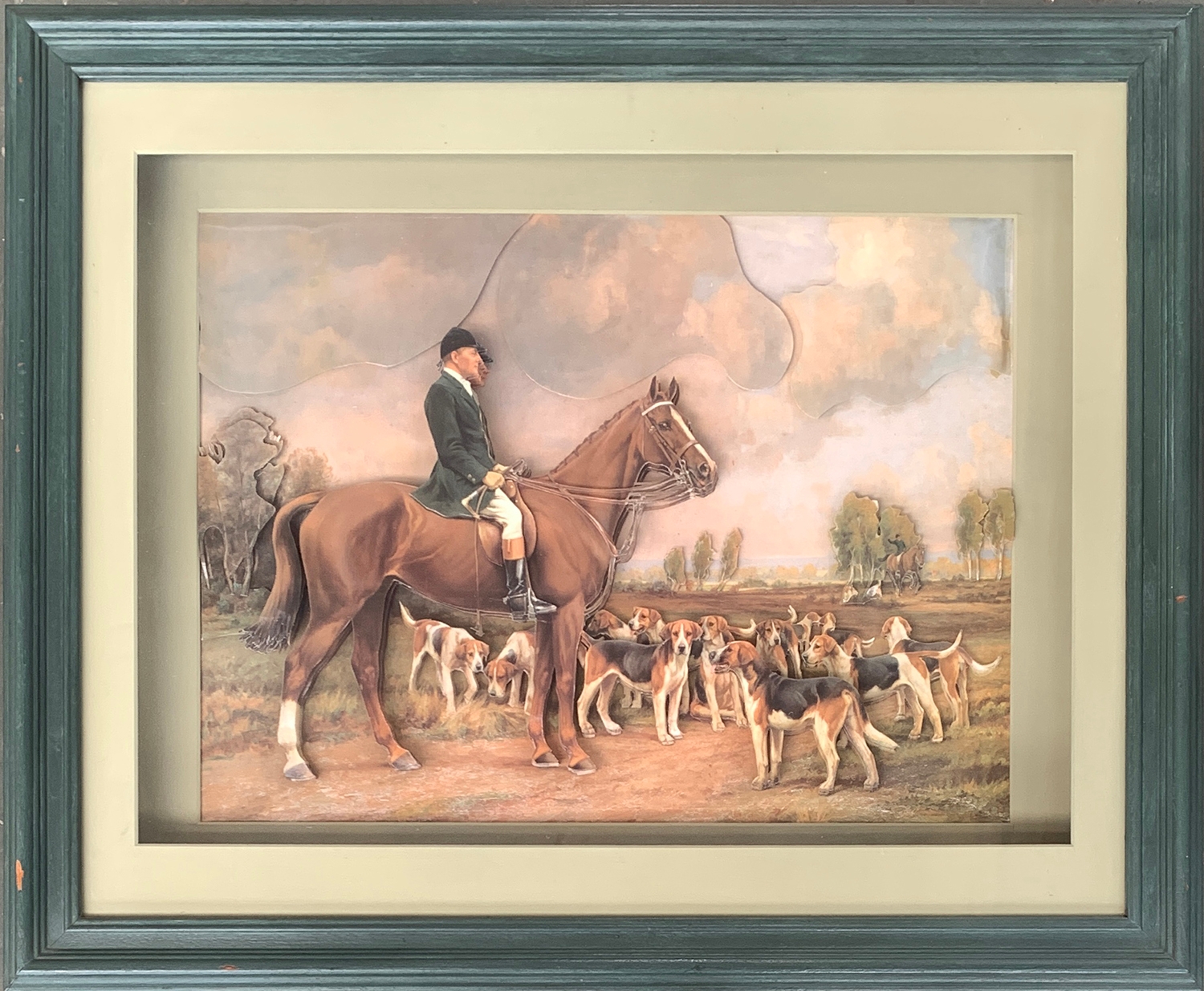 An unusual 3D study of the Duke of Beaufort's hounds, and his Grace, in display case, 33x44cm