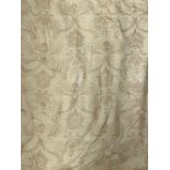 A pair of lined and interlined curtains in pale gold, some wear, 210cm drop, 240cm wide ungathered