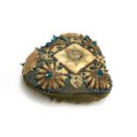 A WW1 beadwork heart shaped pin cushion/sweetheart cushion with regimental crest for The