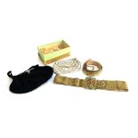 Two vintage ladies belts, one with enamel and stone set clasp; together with two evening purses