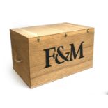 A Fortnum & Masons plywood crate with hinged lid and rope handles, 78x50x47cm