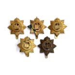 A collection of five Devonshire Regiment cap badges with sliders