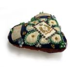 A WW1 beadwork heart shaped pin cushion/sweetheart cushion with regimental crest for The Queen's Own