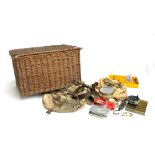 A vintage wicker fishing creel, 50x30x35, together with two canvas fishing bags, alloy cast boxes,