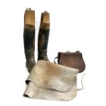 A pair of black gents hunting boots, with wooden trees; together with a pair of leather chaps and