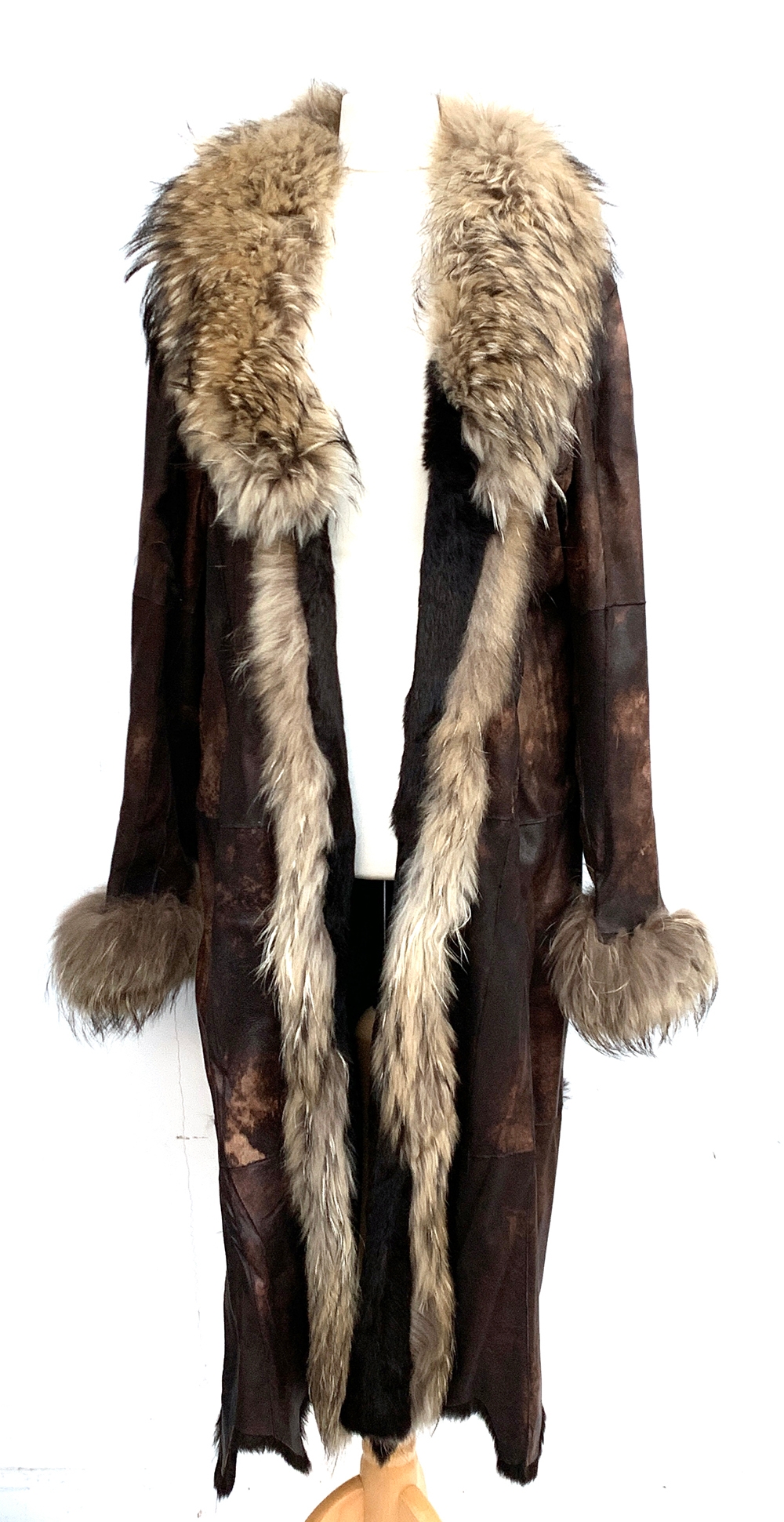 A fur lined leather coat, with shawl collar, size 10 (af)