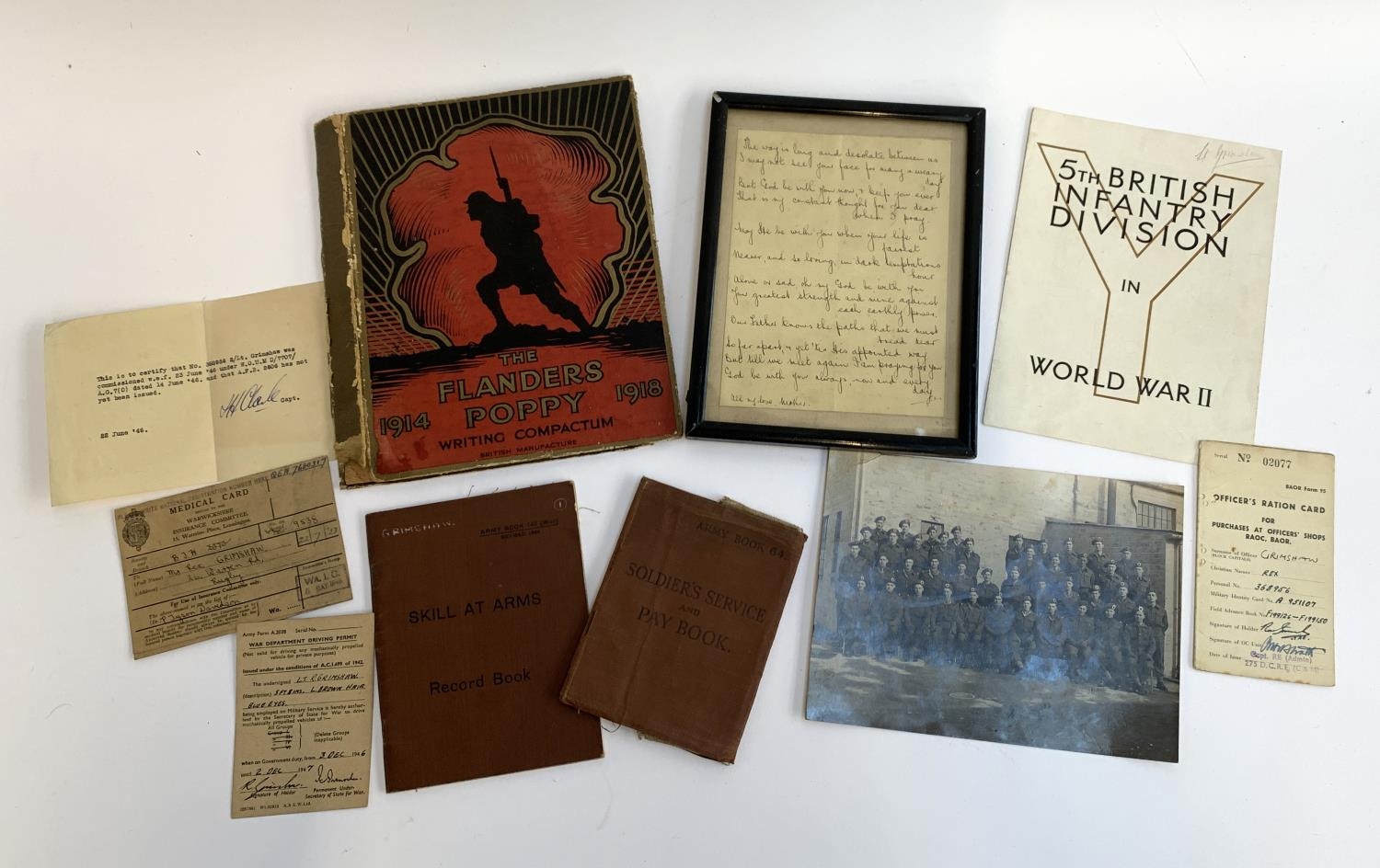 A collection of documentation relating to Lt. Rex Grimshaw, to include medical card, soldier's