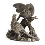 A large Country Artists pheasant figure group centrepiece, hallmarked filled sterling silver,