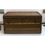 A large canvas and wood banded travel trunk by Ernst Ott, Wien V Castelig, handles af, leather