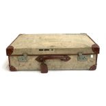 A military issue canvas and leather suitcase, marked Cpl Weeks, 72x41x22cm