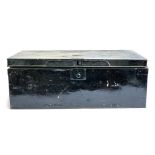 A black painted tin travel trunk, with brass plaque to top, twin loop handles, 85x41x31cm