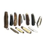 A collection of 12 penknives and clasp knives, to include antler handled, mother of pearl handled