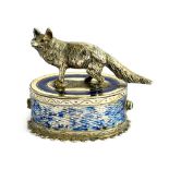 An 800 silver and enamel pill box, the lid surmounted by figural fox, approx. 5cmH