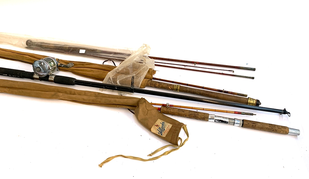 Allcocks two piece cane spinning rod in original bag; Shakespeare Mentor telescopic spinning rod