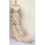 A Victorian cream figured silk and lace wedding dress