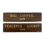A pair of oak stable name plates, 'Big Dipper 1948' and 'Peaceful Light 1936', 21.5x5cm (2)