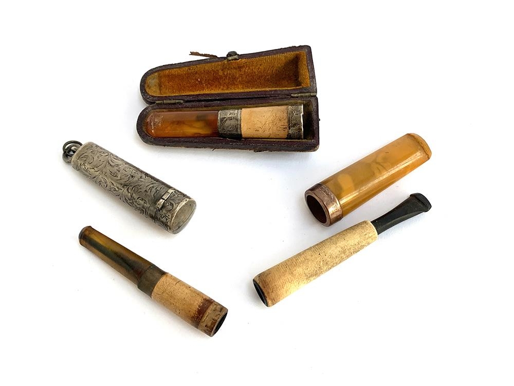 A cased 19th century silver mounted meerschaum and amber cheroot holder, hallmarked; together with a