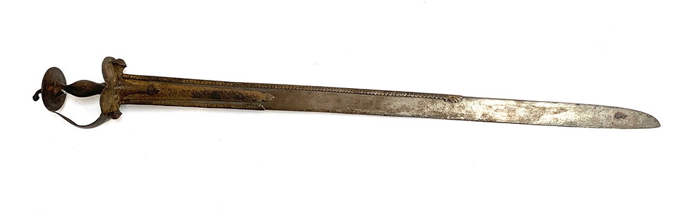 Indian Talwar Sword with straight blade, with applied worked gilt metal decoration, the blade 76cm