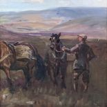 Peter Biegel (1913-1988), Stalker and Ponies, oil on artists board, 21.5cm x 21.5cm