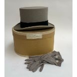 A Christy's London grey top hat, size 7 3/8, in box; together with a pair of grey wedding gloves