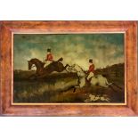 A 19th century fox hunting scene, oil on glass, 35x55cm