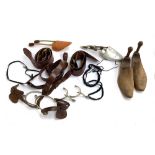A mixed lot of army equipment including Sam Browns, cavalry spurs, Gieves shoe trees, and two