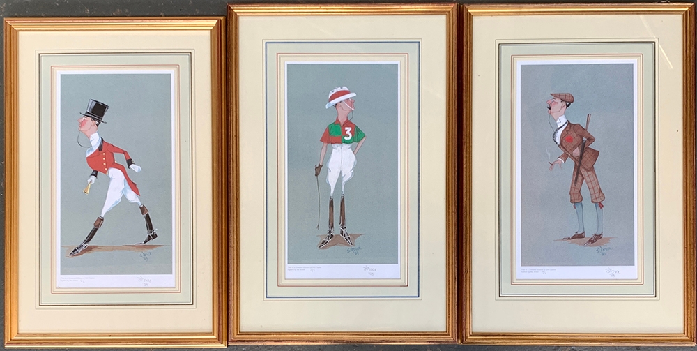Three framed caricature prints after S. Tower, depicting a jockey, huntsman and a marksman, each