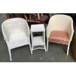 Two Lloyd Loom white painted conservatory chairs; together with a similar occasional table