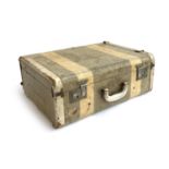 A vintage canvas and leather suitcase with double stripe, 54x41x20cm