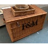 A Fortnum & Mason wicker hamper, 77x51x48cmH; together with two other wicker baskets