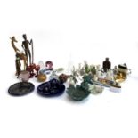 A mixed lot to include enamel and brass trinket pot; crested ware'; paperweights; bird figurines etc