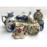 A mixed lot of ceramics to include Adams tankard and dish; transferware vase; Jasperware biscuit