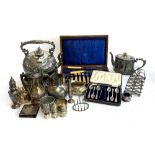 A mixed lot of silver plated items to include a Mappin & Webb cased set of fish knives and forks,