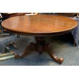 A large circular dining table, on substantial turned column and three fluted scrolling legs,