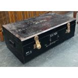 A black painted metal travel trunk, marked Salmon no.4, with side carry handles, 91cmW