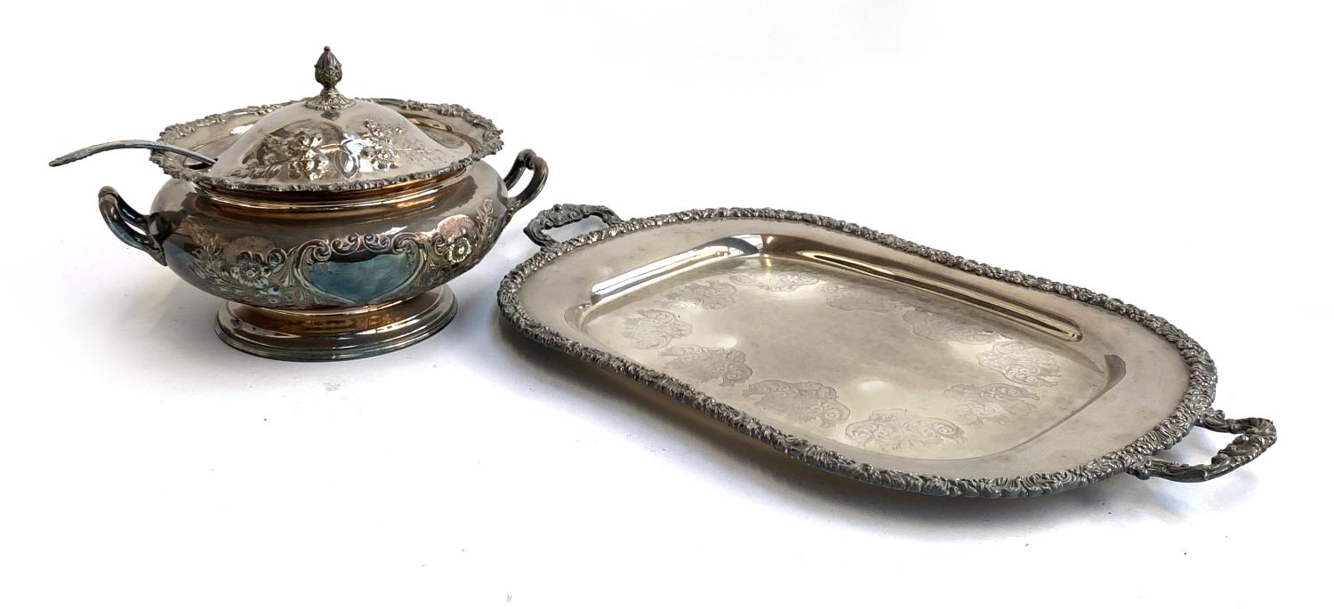 A plated lidded punch bowl, chased with flowers, with kings pattern ladle; together with a large - Image 2 of 2