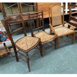 Three caned occasional chairs, one with bobbin turned back and legs