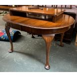 A mahogany D end dining table, with spare leaf and winder, on cabriole legs, 135x98x75cmH the leaf