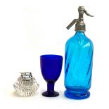 A Taylor & Co. 1849 vintage blue glass soda siphon; together with a cobalt blue goblet and a cut