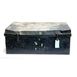 A black metal tin travel trunk, the top marked 'W.J.M Greener, Coldstream Guards', 92x53x37cm