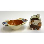 A Clarice Cliff 'crocus' pattern twin handled bowl, 17cmW; together with a Clarice Cliff jam pot,