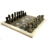 A modern marble chess set and board, the board 37cm square, hight of king 7.5cm
