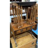 A nest of three burr walnut veneer tables, 51cmW; together with a small burr walnut veneer sofa