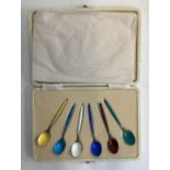 A set of six Norwegian 925 silver guilloche enamel coffee spoons, in case