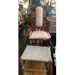 A Victorian hall chair with upholstered seat and back; together with a stool with rush seat