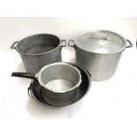 Two large heavy aluminium saucepans, 32cmD and 33cmD, one with lid; together with a colander and one