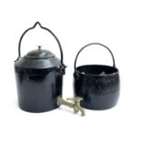 A cast iron kendrick pot with brass spigot; together with a cast iron swain hanging pot