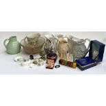A mixed lot to include a silver Celtic knot design brooch; various jugs and other ceramics,